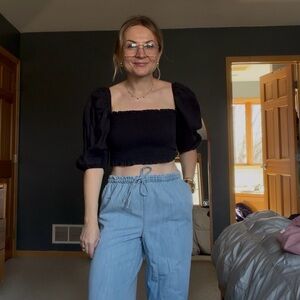 Reformation Black Puff Sleeve Smocked Crop Top